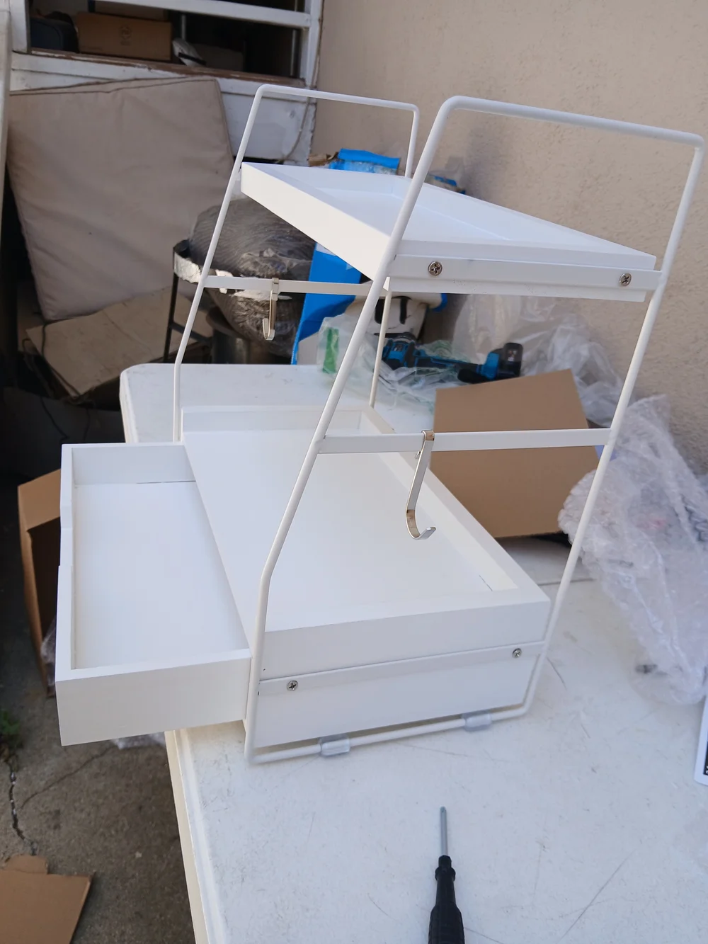 White Metal Desk Organizer with Drawer and Pen Cup